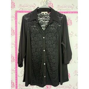 Emma and Olive shirt Black Lace Front Button-Down Blouse